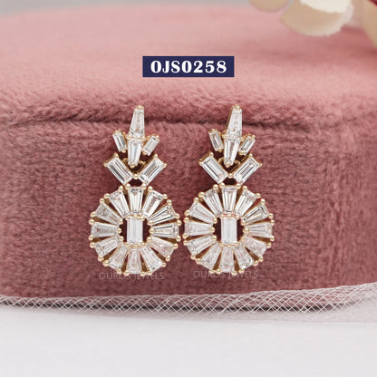 Tapered Baguette And Baguette Cut Halo Tear Drop Earrings
