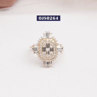 Vintage  Style Baguette And  Round Cut Lab Grown Engagement  Ring