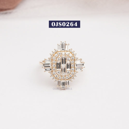 Vintage  Style Baguette And  Round Cut Lab Grown Engagement  Ring
