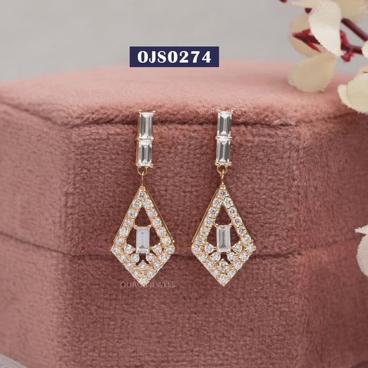 Kite Shape Baguette and Round Halo Teardrop Earrings