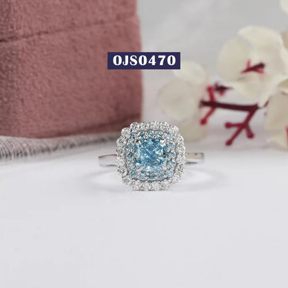 Double  Halo  Blue Cushion Cut Lab Diamond  Engagement  Ring