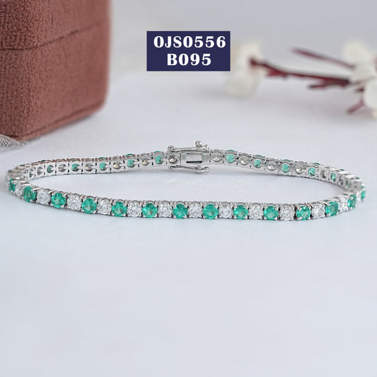 Round Cut Emerald Gemstone And Diamond Tennis Bracelet