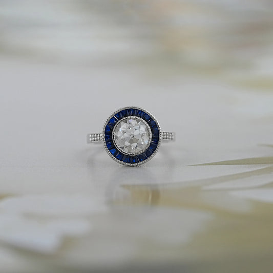 OEC Round Lab Diamond And Sapphire Gemstone Halo Ring