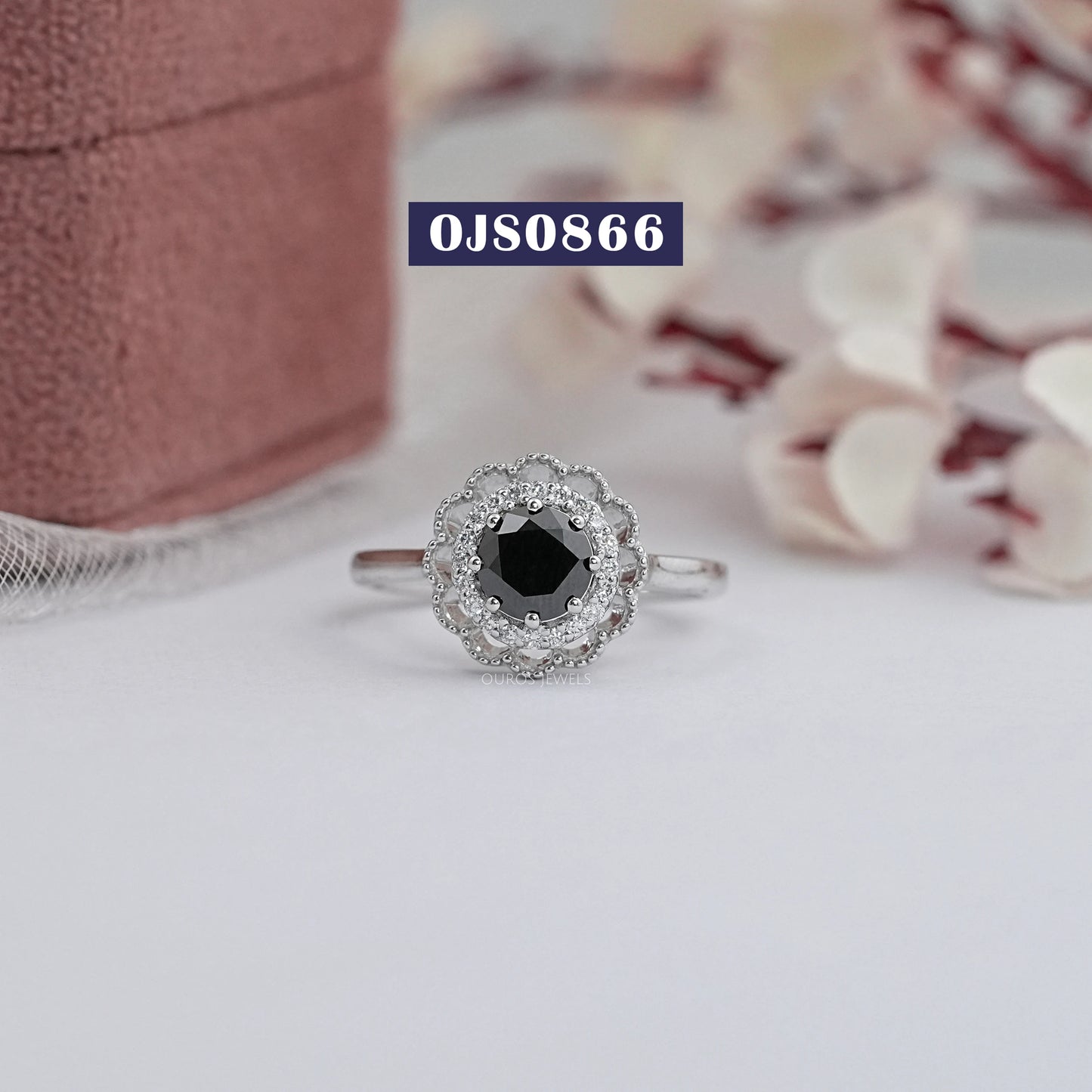 Black Round Cut Double Halo Lab Diamond Ring