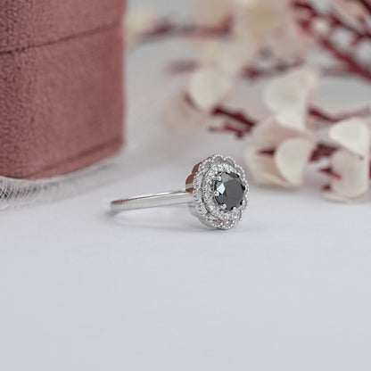 Black Round Cut Double Halo Lab Diamond Ring