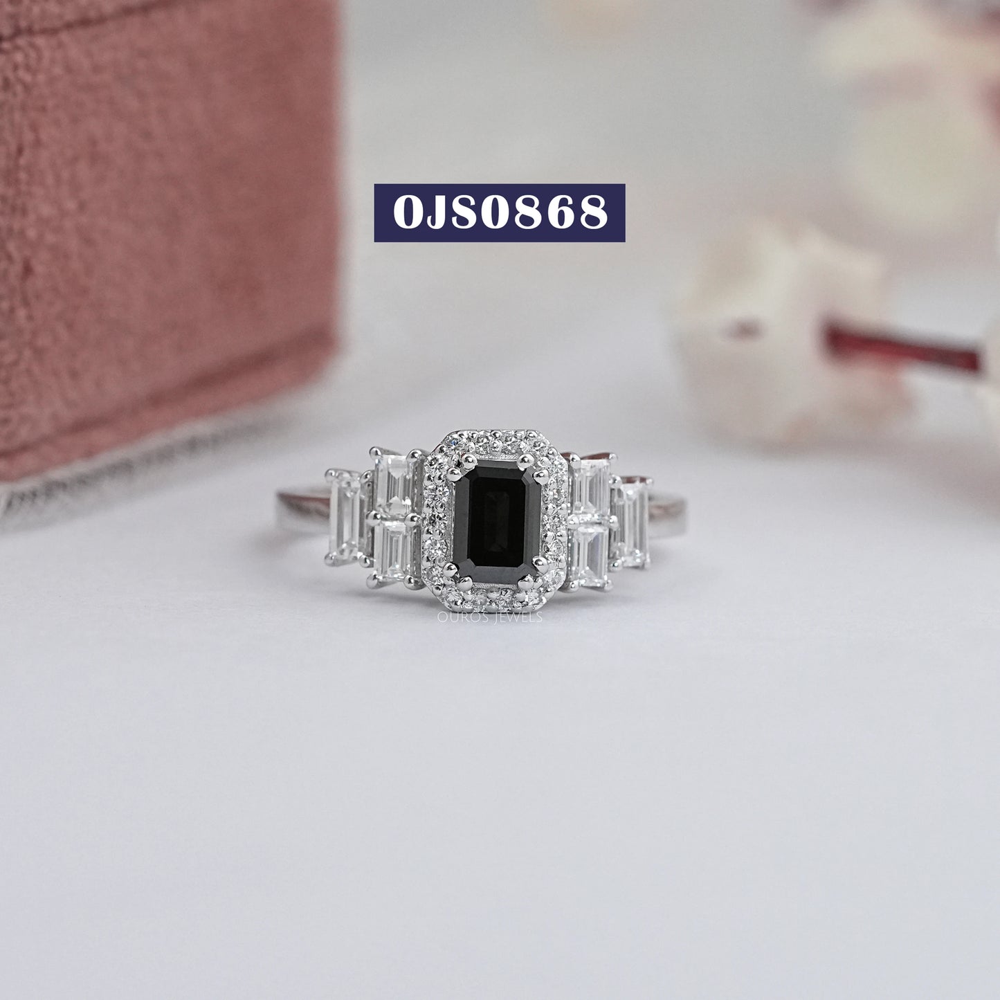 Black Emerald Cut Cluster Diamond Engagement Ring