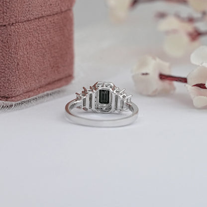 Black Emerald Cut Cluster Diamond Engagement Ring