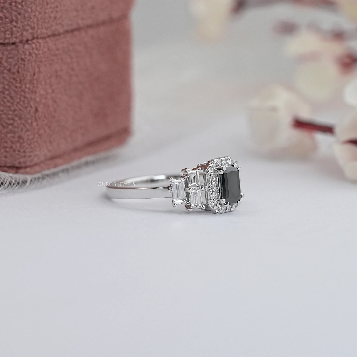 Black Emerald Cut Cluster Diamond Engagement Ring