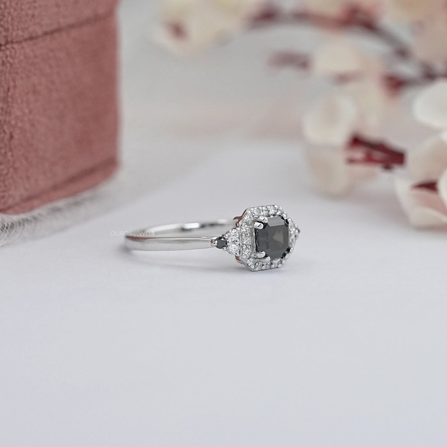 Black Asscher Cut Halo Diamond Ring