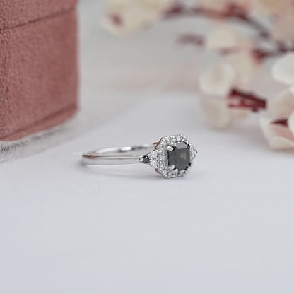 Black Asscher Cut Halo Diamond Ring