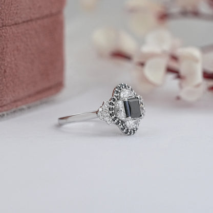 Black Princess And Half Moon Cut Double Halo Ring