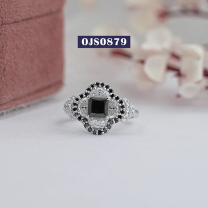 Black Princess And Half Moon Cut Double Halo Ring