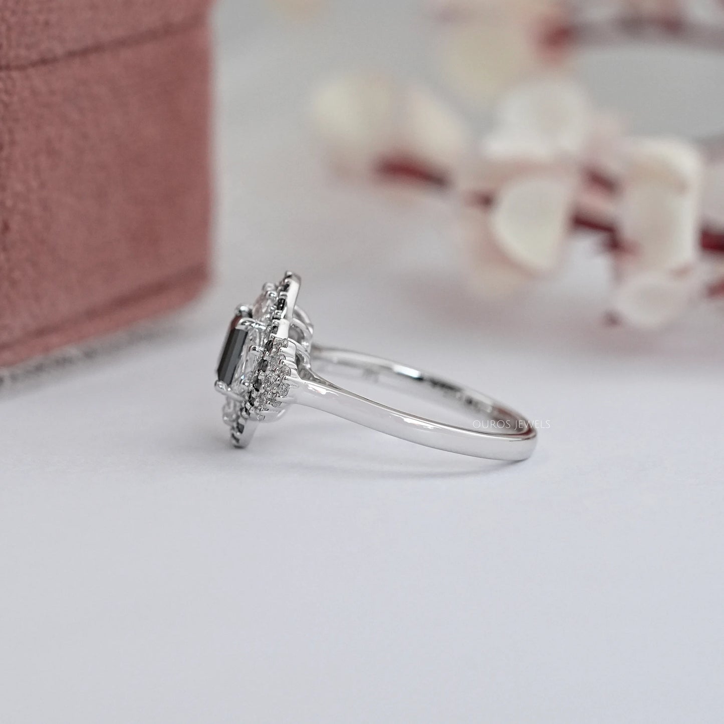 Black Princess And Half Moon Cut Double Halo Ring
