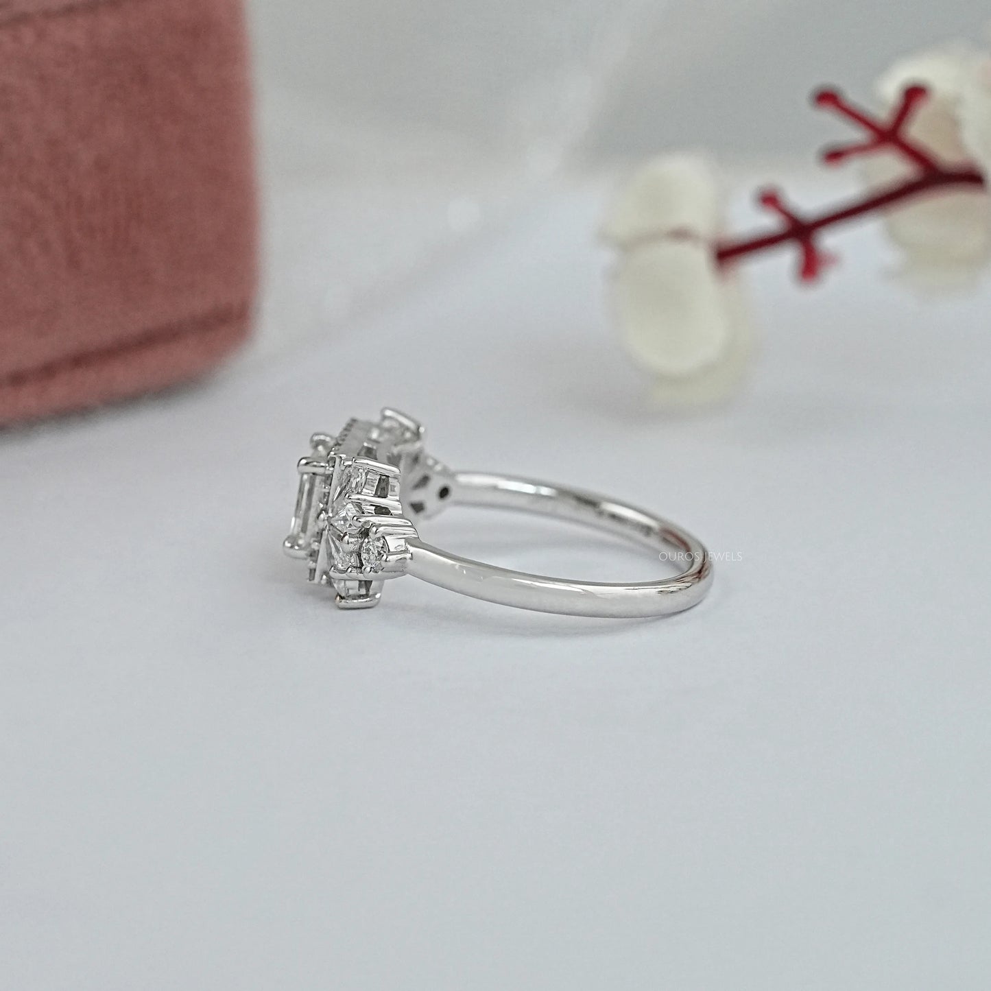Carre Cut Solitaire Accent Halo Diamond Ring