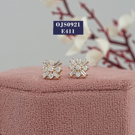 Baguette And Round Cut Diamond Dainty Stud Earrings