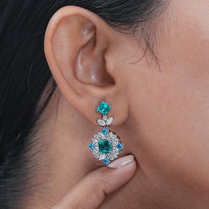 Asscher Paraiba Gemstone  Cluster Drop Earrings