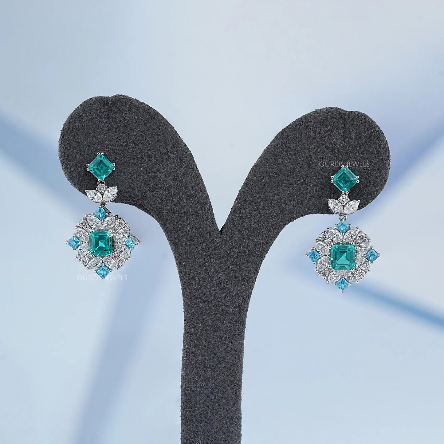 Asscher Paraiba Gemstone  Cluster Drop Earrings