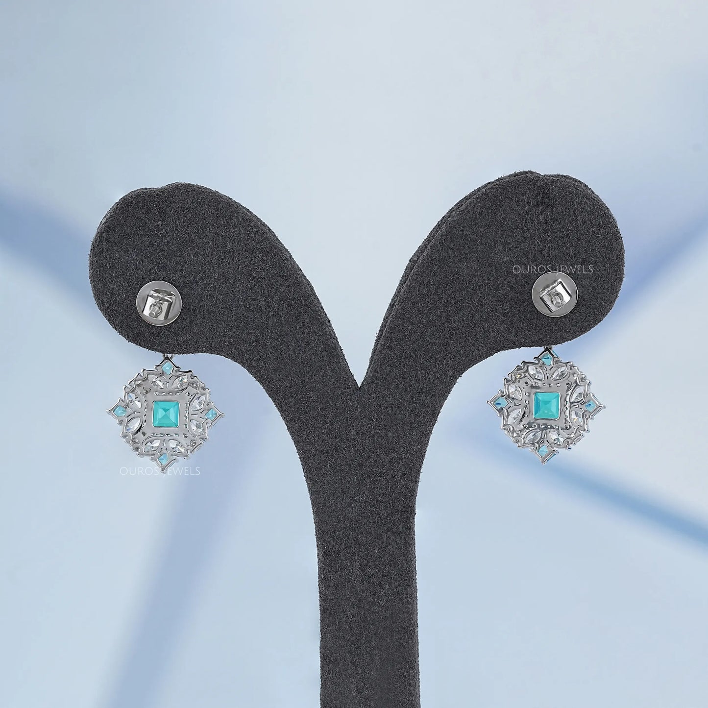 Asscher Paraiba Gemstone  Cluster Drop Earrings