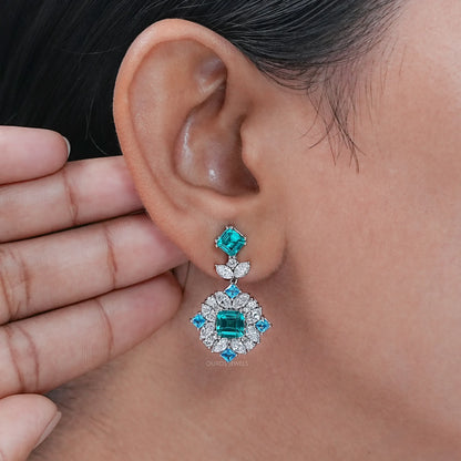 Asscher Paraiba Gemstone  Cluster Drop Earrings