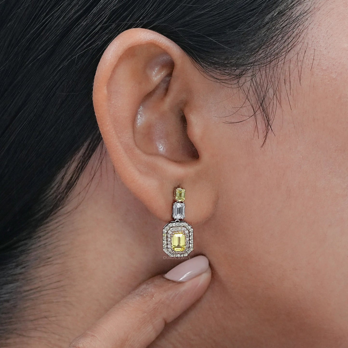 Yellow Emerald Gemstone Double Halo Drop Earrings