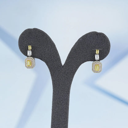 Yellow Emerald Gemstone Double Halo Drop Earrings