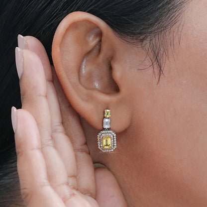 Yellow Emerald Gemstone Double Halo Drop Earrings