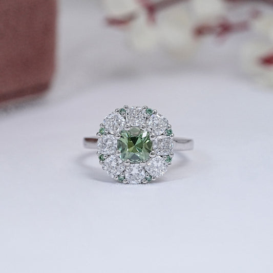 Green Cushion Cut Lab Diamond Halo Ring