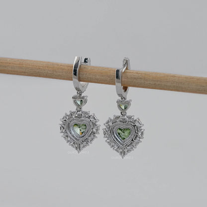 Green Heart Diamond Halo Set Dangle Earring