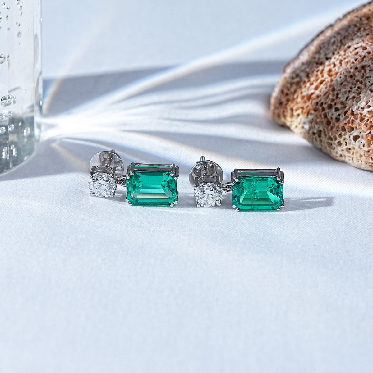 Emerald Gemstone And Round Cut Drop Earring