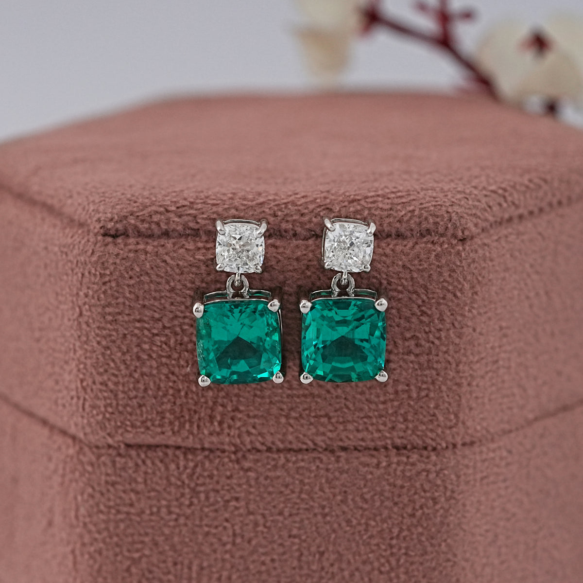 Emerald Cushion And Lab Diamond Dangle Earrings