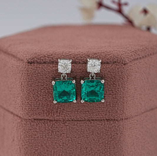 Emerald Cushion And Lab Diamond Dangle Earrings