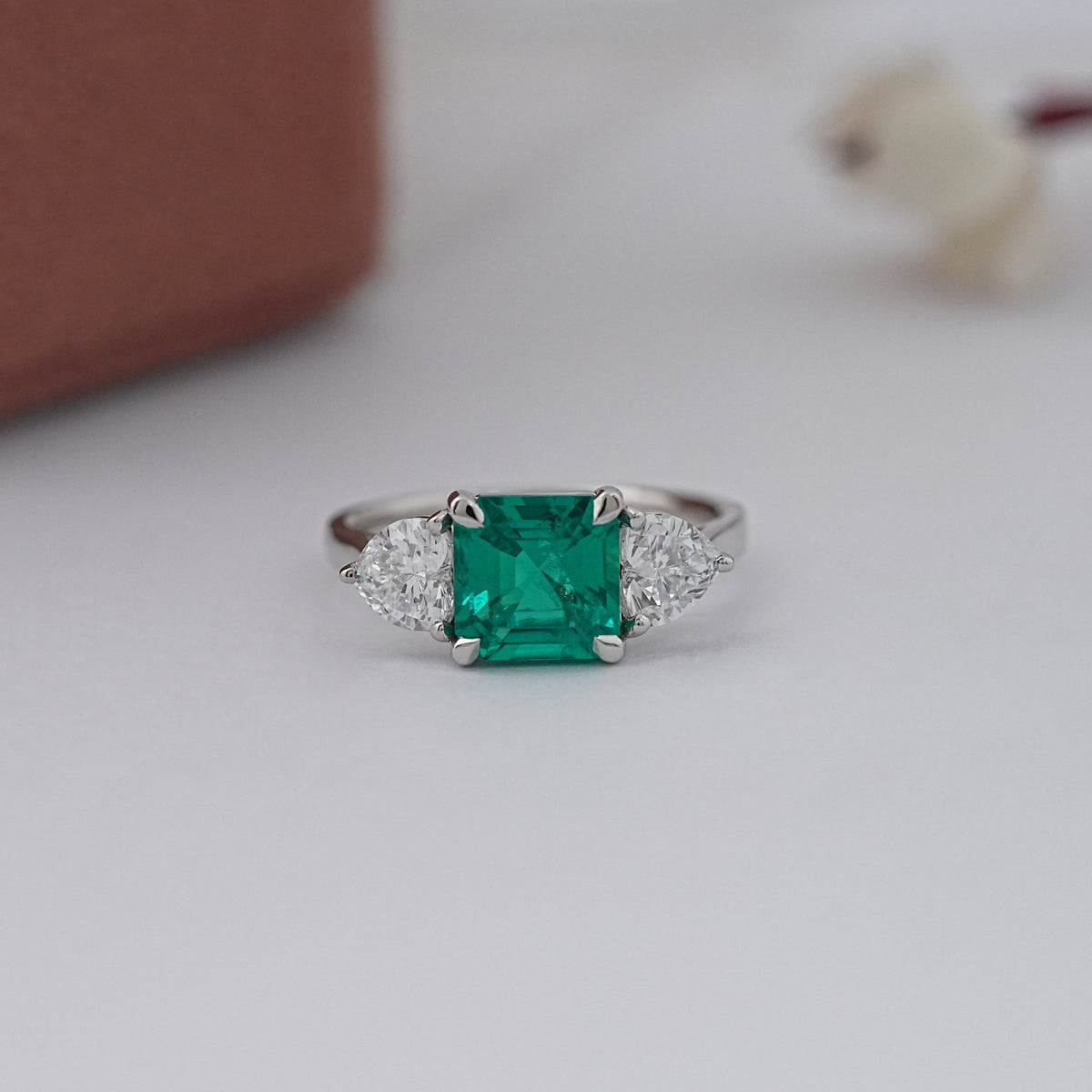 Emerald Asscher And Heart Cut Three Stone Ring