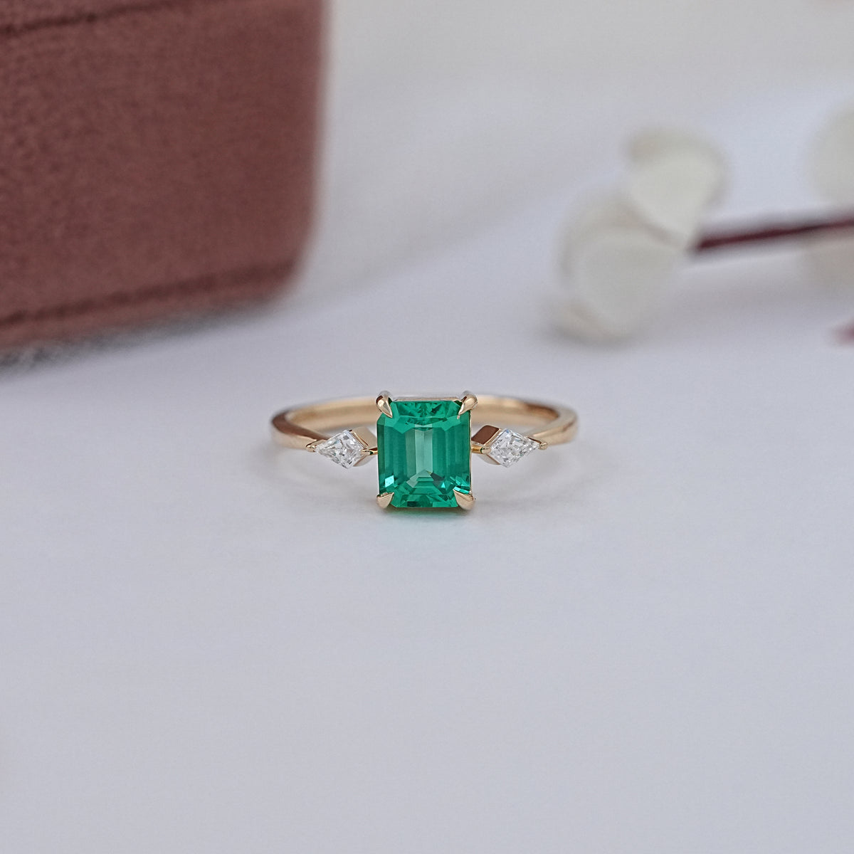 Green Emerald Gemstone 3 Stone Ring