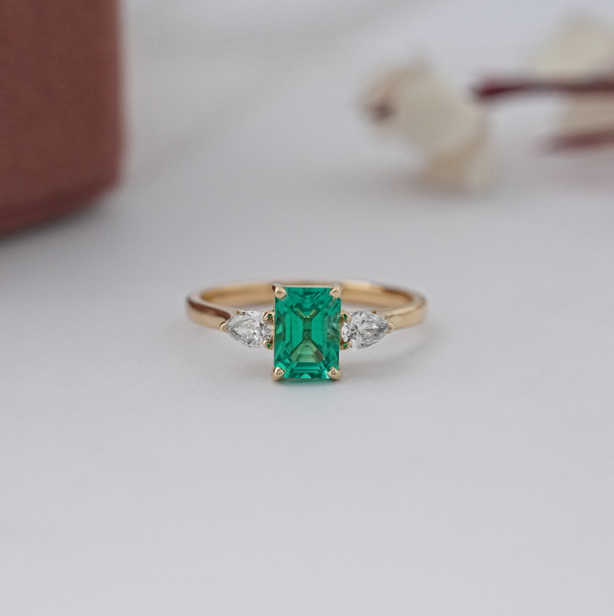 Emerald Gemstone And Lab Grown Diamond Three Stone Ring