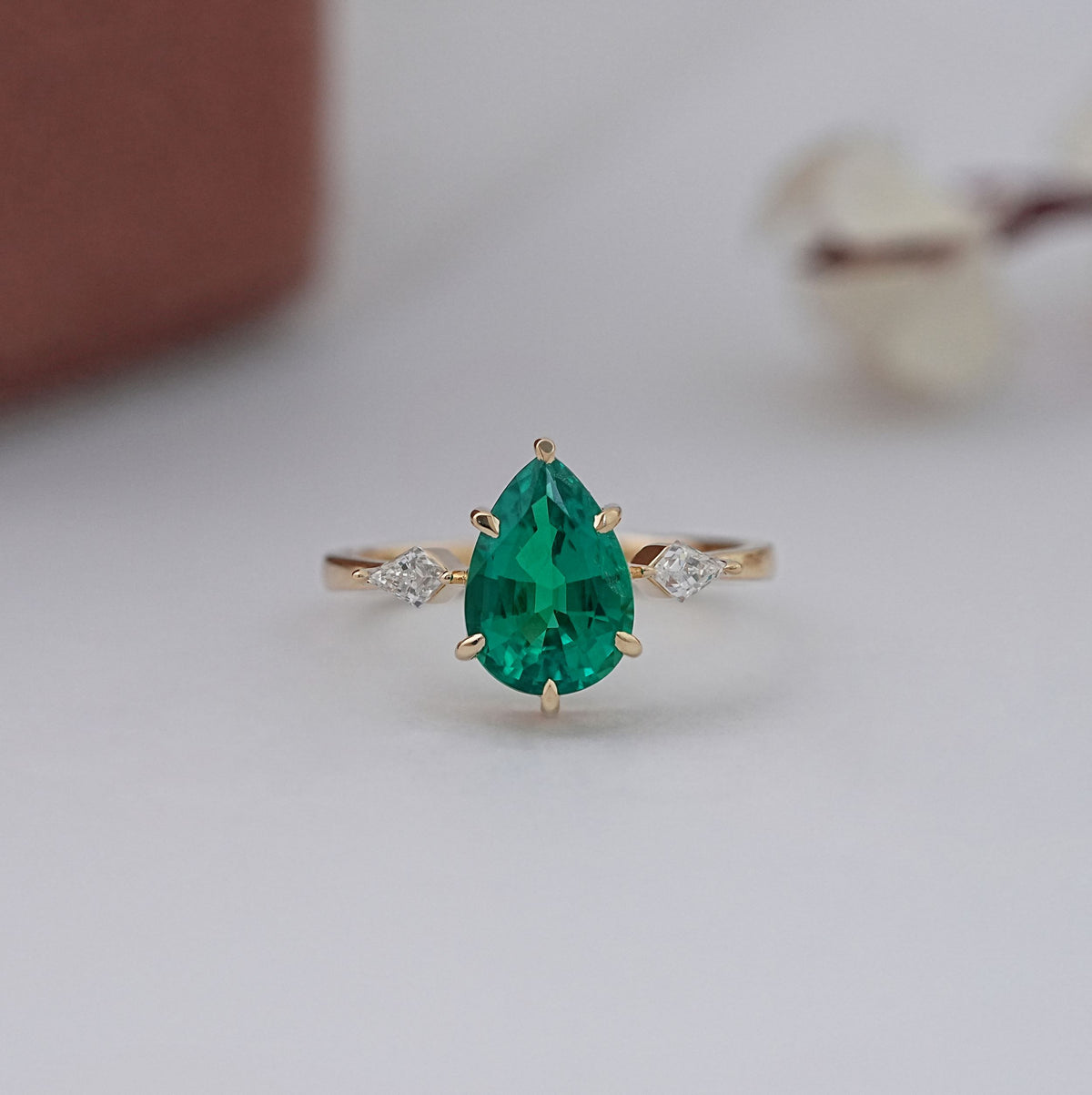 Emerald Pear And Kite Cut Lab Diamond Three Stone Ring