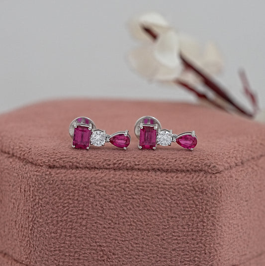 Emerald And Pear Cut Ruby Gemstone Earrings