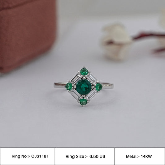 Green Round Gemstone Baguette Halo Promise Ring