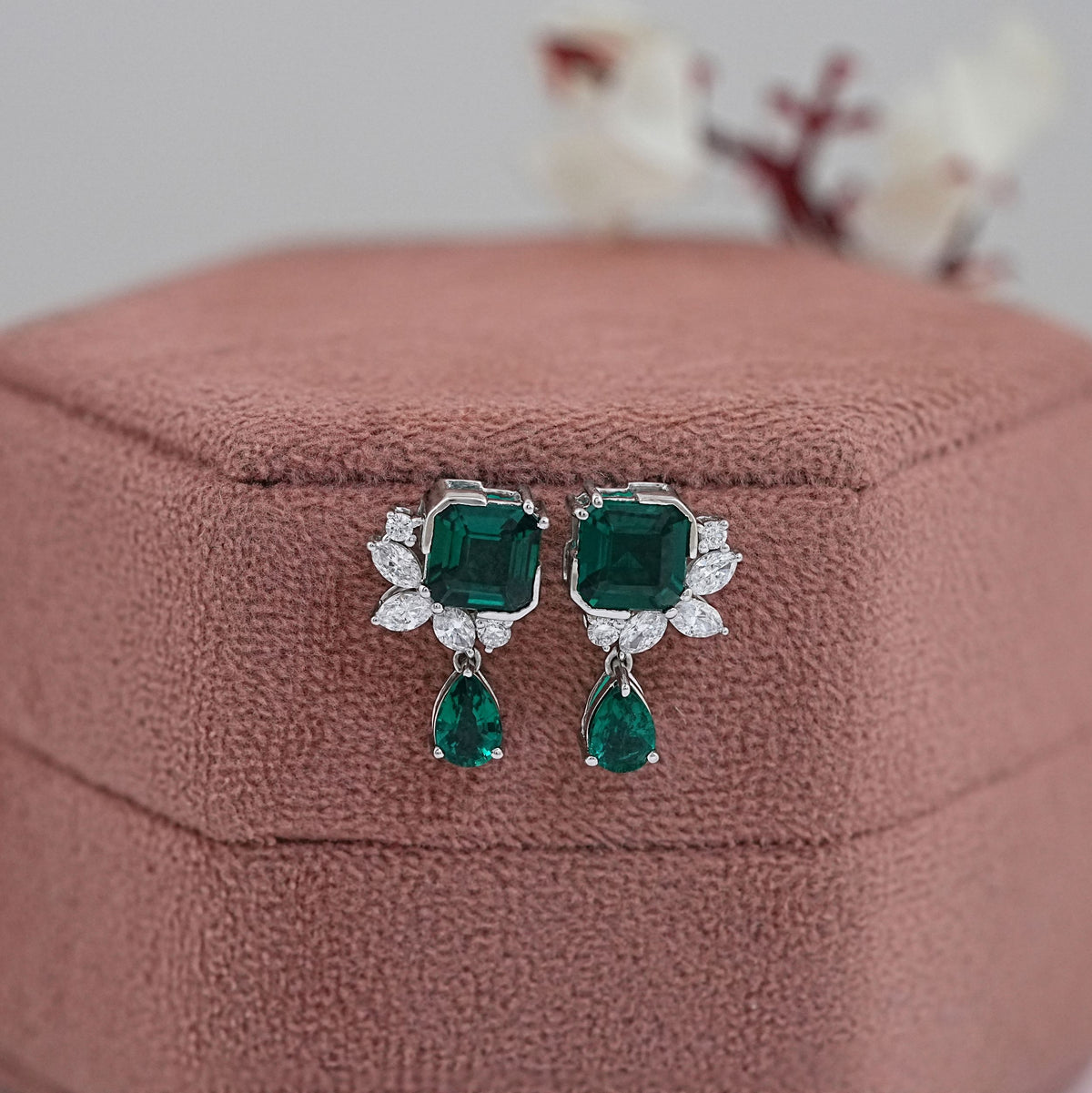 Asscher And Pear Cut Emerald Gemstone Earrings