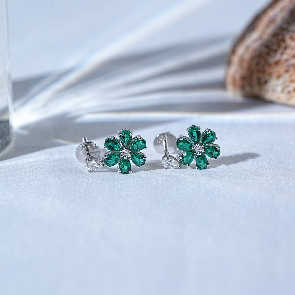 Pear Cut Emerald Floral Shape Dangle Earrings