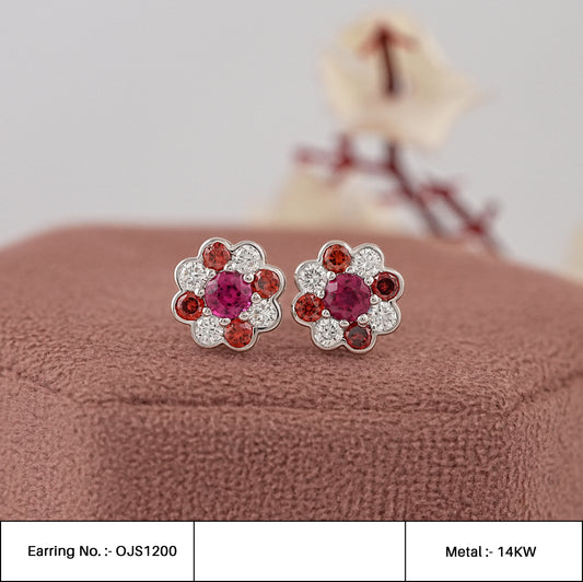 Round Ruby Gemstone Floral Shape Earrings