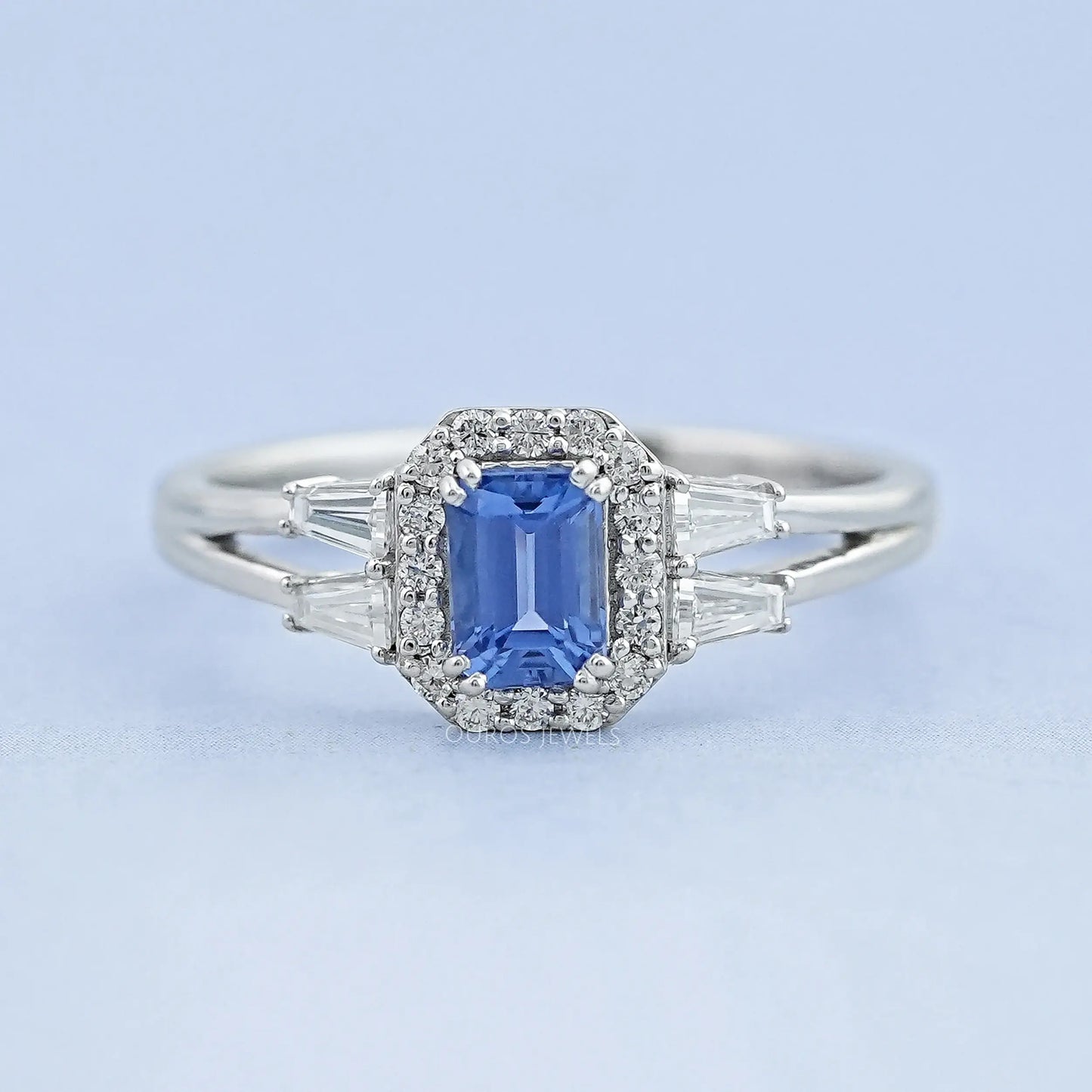 Blue Emerald Diamond Split Shank Ring