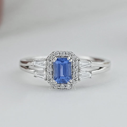 Blue Emerald Diamond Split Shank Ring