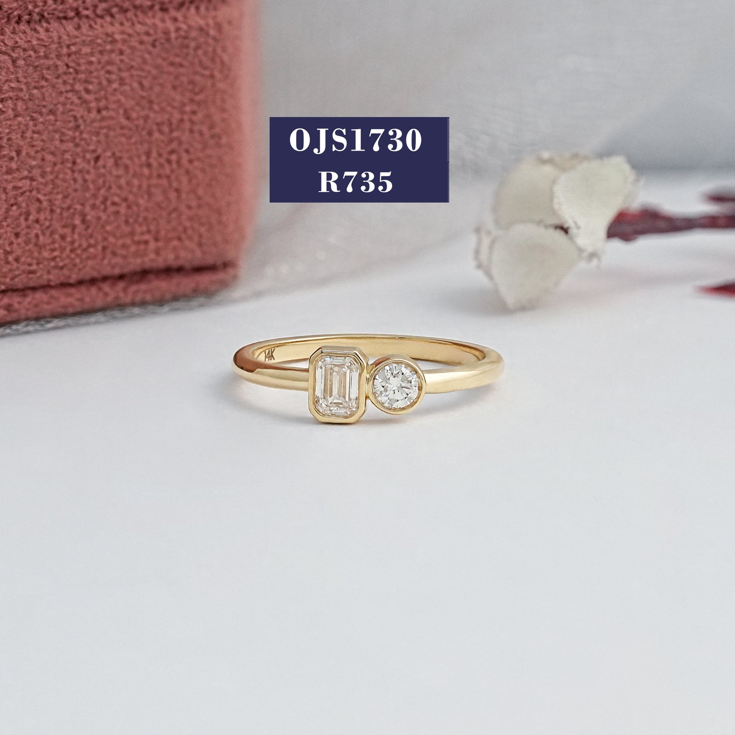 Emerald & Round Diamond Two Stone Bezel Set Ring