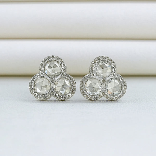 Three Stone Rose Cut Round Halo Stud Earrings
