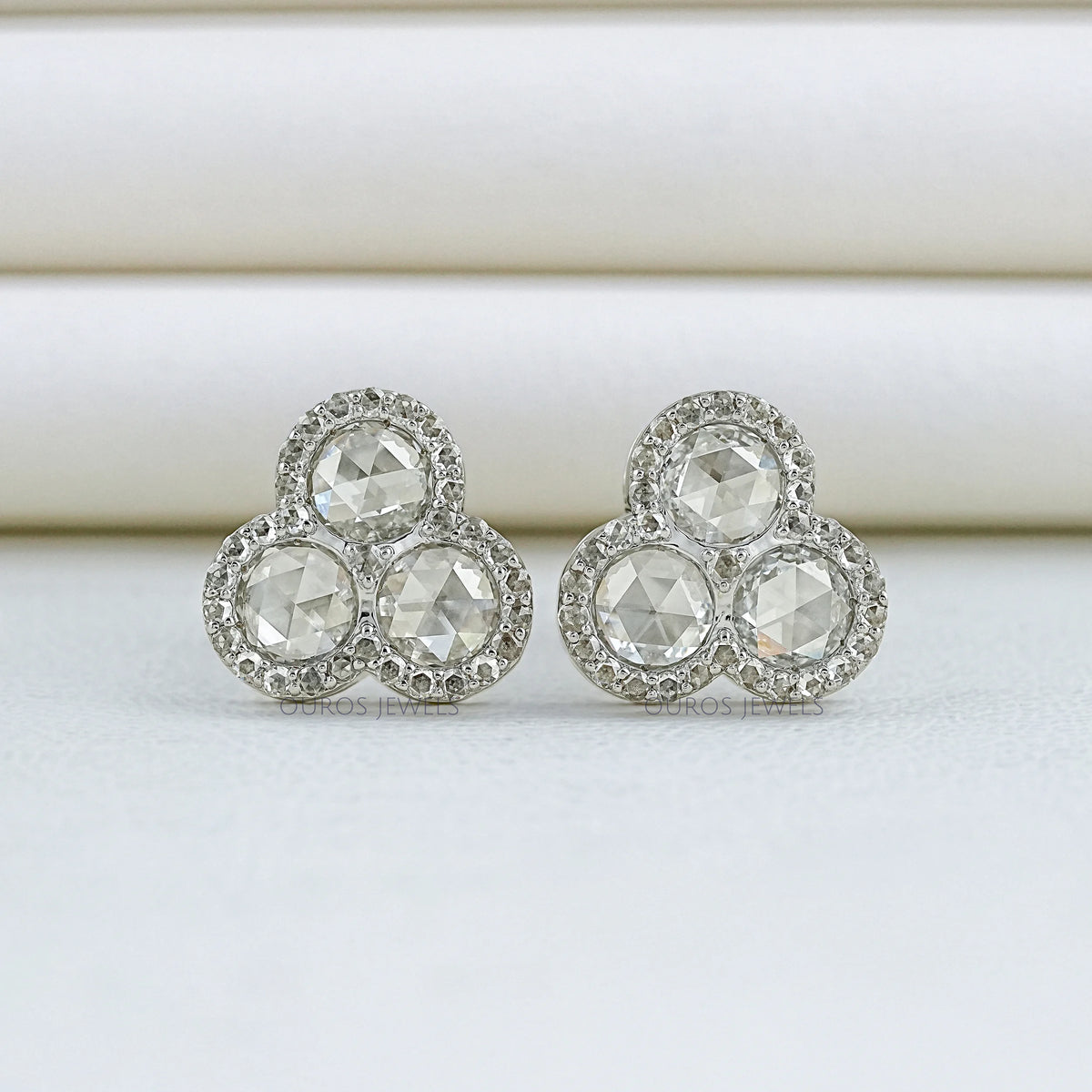 Three Stone Rose Cut Round Halo Stud Earrings