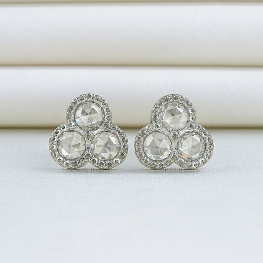 Three Stone Rose Cut Round Halo Stud Earrings