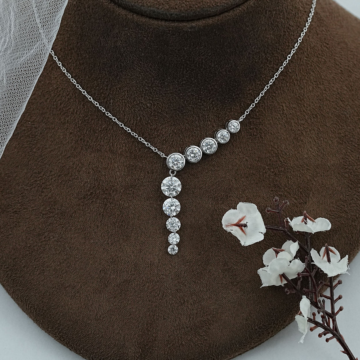 Bezel Round Cut Diamond Linear Dangle Necklace