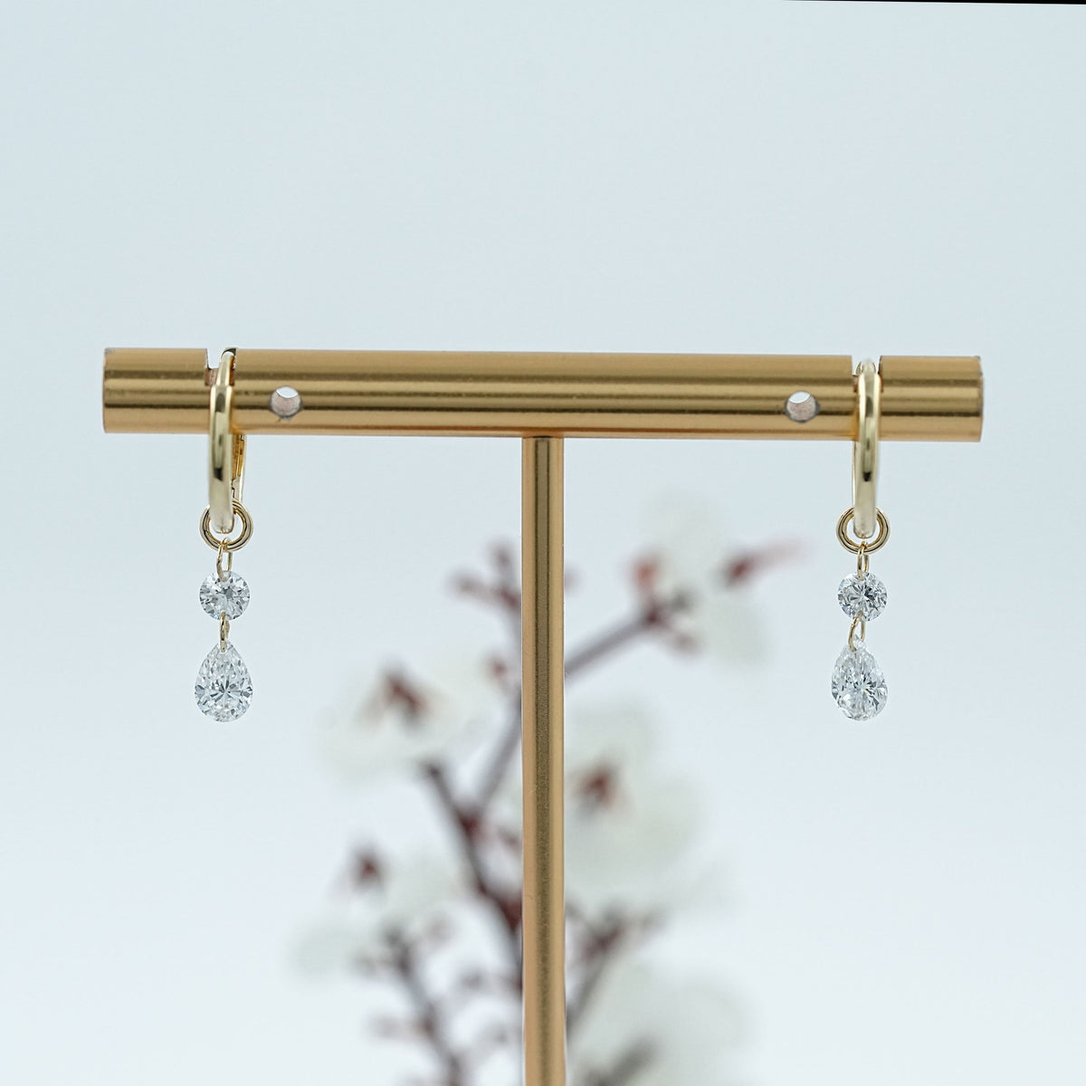 Pear And Round Diamond Charm Hoop Earrings