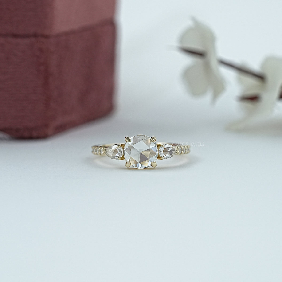 Round Rose Cut Diamond Three Stone Ring