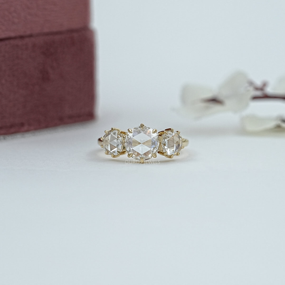 Round Cut Rose Diamond Three Stone Ring